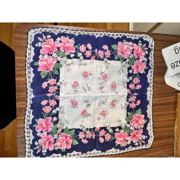 Vintage Floral Cottagecore Handkerchief Blue 17" Feminine Granny Retro Chic 50s - Picture 7 of 8
